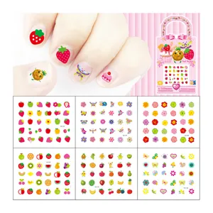 Waterproof kids cartoon nail stickers set of 6 sheets with cute fruit butterfly designs.