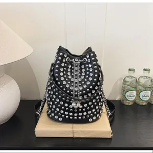 Stylish black rivet bucket bag with sparkling rhinestones, chic punk style chain bag.