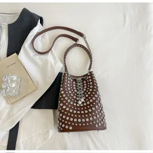 Brown rhinestone studded bucket bag with chain strap, stylish retro shoulder crossbody bag.