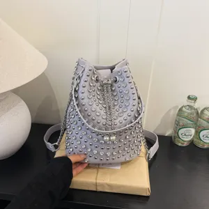 Litchi grain rivet bucket bag with chain and pearls, chic retro style shoulder crossbody bag.