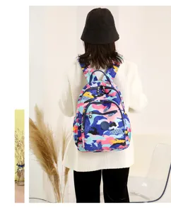 Vista dettagliata dello zaino in nylon colorato con pratiche tasche con zip e manico superiore.