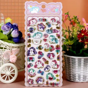 3D puffy crystal epoxy sticker sheet featuring cute cartoon unicorn and shiny gold foil finish.