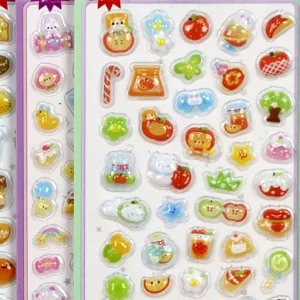 3D puffy cartoon sticker detail showing cute animal and food designs for kids crafts and journaling.