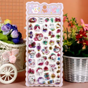3D cute cartoon crystal epoxy relief stickers sheet with adorable cat and bunny motifs for DIY crafts.