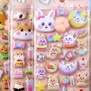 Close-up detail of cute 3D puffy cartoon animal stickers, featuring adorable rabbits and hamsters.