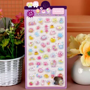 3D cute cartoon puffy jewel stickers sheet featuring little animals and food designs for kids crafts.