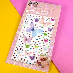3D butterfly rhinestone stickers, colorful acrylic crystal gems for face, body, nail art.