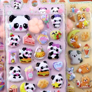Close-up of cute 3D puffy panda and corgi stickers, soft squishy cartoon stationery decor.