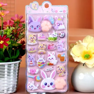 Japanese cute 3D puffy cartoon rabbit stickers, soft decompression sticker set for kids.