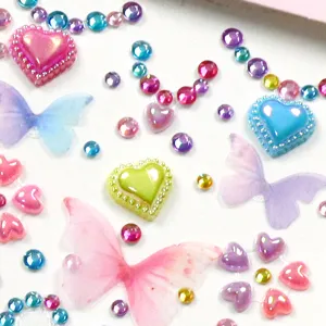 AB color acrylic crystal rhinestone stickers with 3d butterfly and heart shapes for DIY craft decoration.