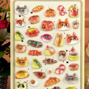 3D cute cartoon epoxy puffy stickers sheet featuring adorable cats dogs and food designs.