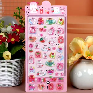 Close-up detail of 3D cute cartoon rabbit crystal epoxy puffy sticker sheet for kids.