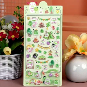 Cute 3D crystal epoxy sticker sheet with adorable cartoon rabbit and camping design for DIY craft.