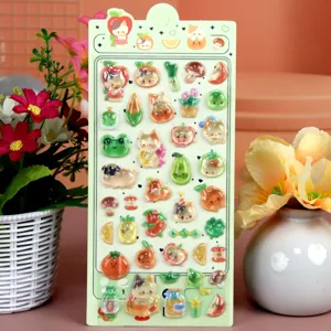 Detailed view of 3D stereo resin epoxy relief cute cartoon cat fruit animal stickers sheet.