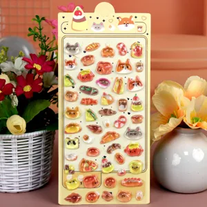Cute 3D crystal epoxy relief cartoon animal and bread stickers sheet for kids decor.