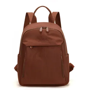 Zaino casual marrone in nylon con tasca frontale per donne, viaggi e uso quotidiano