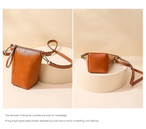 Women's minimalist brown leather shoulder crossbody bucket bag detail view showing craftsmanship