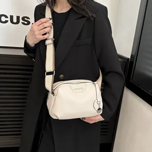 Genuine leather crossbody shoulder bag for women, elegant casual daily wide strap handbag.