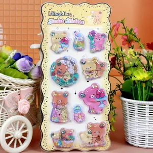 Cute 3D shaker water stickers, Japanese kawaii gold foil aesthetic bear reward decals for kids.
