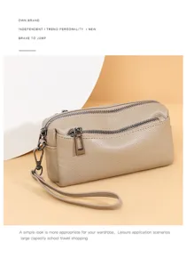 Genuine leather wristlet clutch bag for women, multi-zipper casual purse with strap.