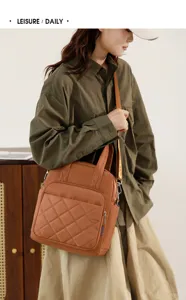 Quilted nylon convertible backpack purse for women casual daily shoulder tote bag brown