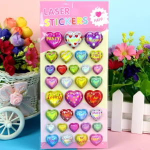 Kids laser puffy heart stickers for birthday party gifts, cute DIY decoration waterproof decals.
