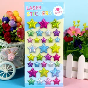 Close-up detail of colorful laser star puffy stickers displayed on blister card packaging.