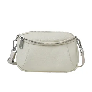 Genuine leather mini crossbody bag for women, elegant off-white shoulder bag with double zipper.