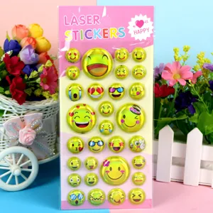 Close-up detail of colorful laser puffy stickers featuring various cute smiley face emoji designs.