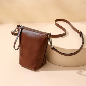 Womens Genuine Leather Crossbody Bag Casual Solid Color Bucket Bag Small Shoulder Bag Stylish Handbag For Daily Commute