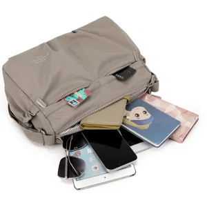 Detailed view of grey nylon women crossbody shoulder bag with multi-pocket and large capacity