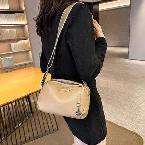 Genuine leather crossbody shoulder bag for women with wide strap casual daily use
