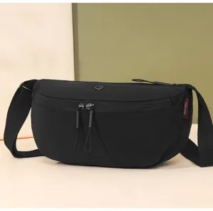 Black nylon crossbody bag, casual crescent saddle bag detail view, versatile design.