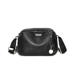 Black leather crossbody bag for women, stylish wide strap shoulder bag with top-layer cowhide.