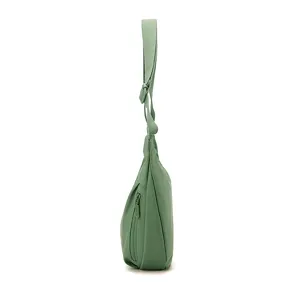 Side profile detail of green nylon crescent crossbody bag showing adjustable strap and texture.