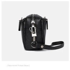 Genuine leather mini women crossbody bag black phone pouch detailed view fashion design