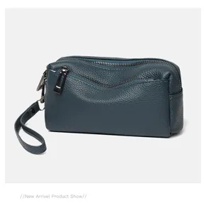 Genuine leather clutch bag for women, multi-zipper small wallet purse with wrist strap.