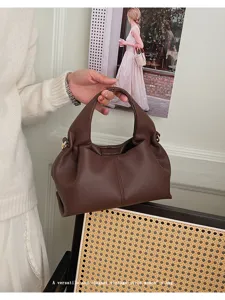 Detail of brown pleated cloud bag showing soft leather texture and stylish daily lifestyle look.