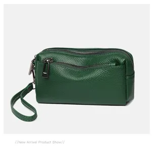 Green genuine leather women clutch bag top layer cowhide wristlet phone purse wallet