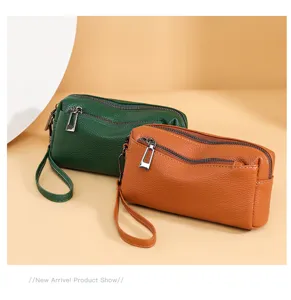 Genuine leather women wristlet wallet zipper small mobile phone bag casual clutch purse