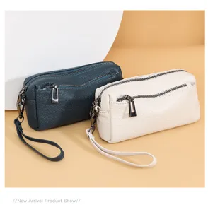 Genuine leather women phone bag top layer cowhide small zipper coin pouch detail view