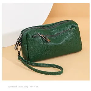 Genuine leather women pouch, dark green small phone bag with wrist strap and zipper closure.
