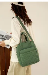 Green quilted nylon backpack for women casual convertible shoulder bag and handbag daily use