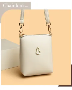 Compact PU leather crossbody phone bag in beige featuring chic gold gourd hardware.
