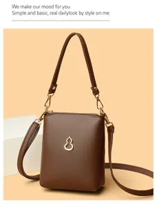 Brown PU leather small crossbody phone bag with cute metal gourd charm, chic daily shoulder bag.