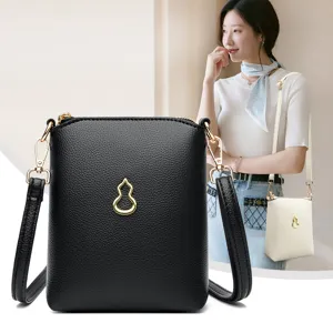 Korean fashion chic leather phone crossbody bag for women with elegant gourd metal charm.