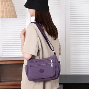 Purple nylon crossbody shoulder bag with multi pockets casual daily use fashion womens bag