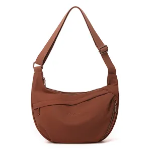 Brown nylon crossbody bag for women, large capacity casual shoulder hobo bag travel daily.