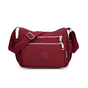 Women nylon crossbody bag multi pocket shoulder casual travel handbag in wine red