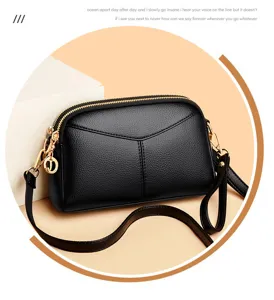 Stylish women black PU leather shoulder crossbody bag minimalist double zipper handbag